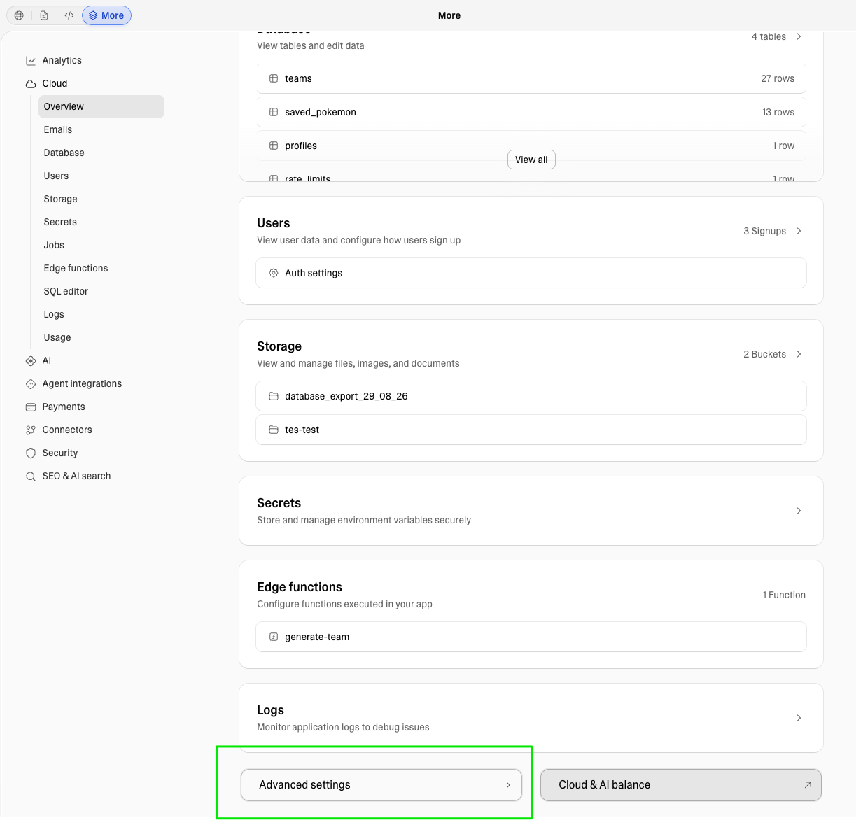 Advanced settings sits at the bottom of Cloud → Overview; the database_export bucket in Storage is where your export lands