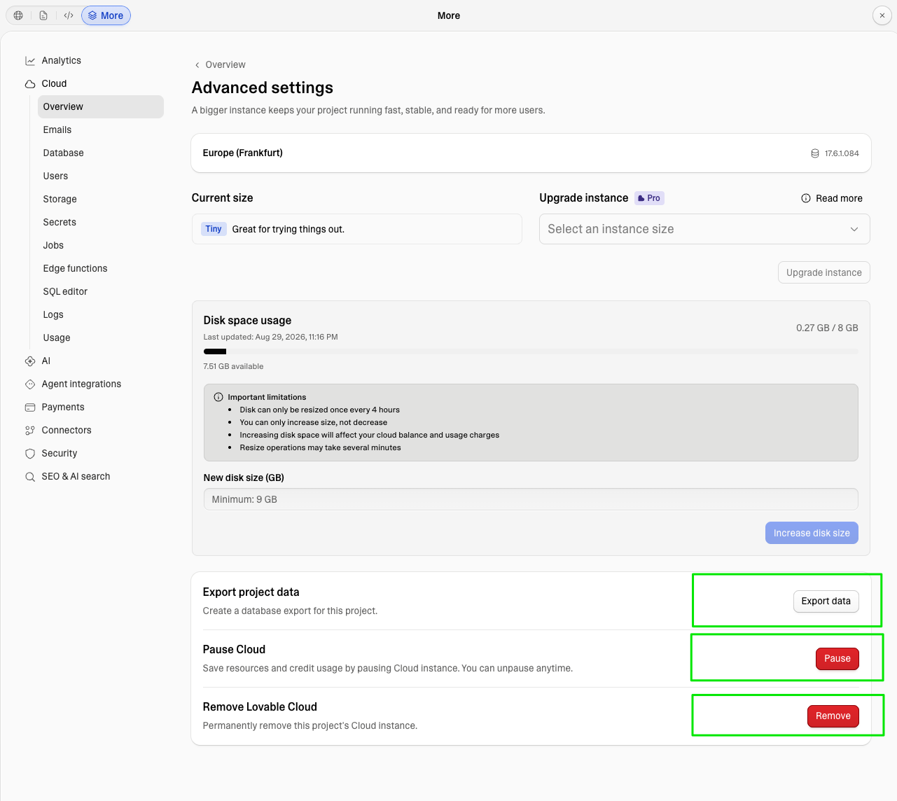 Export project data, Pause Cloud, and Remove Lovable Cloud at the bottom of the Advanced settings page